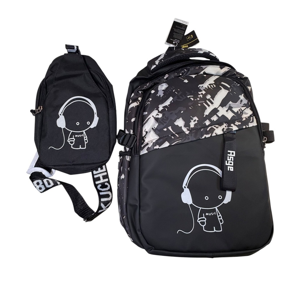 Asge Backpack Set Large Black Luminous Graphic USB Port Camo School Travel Bag